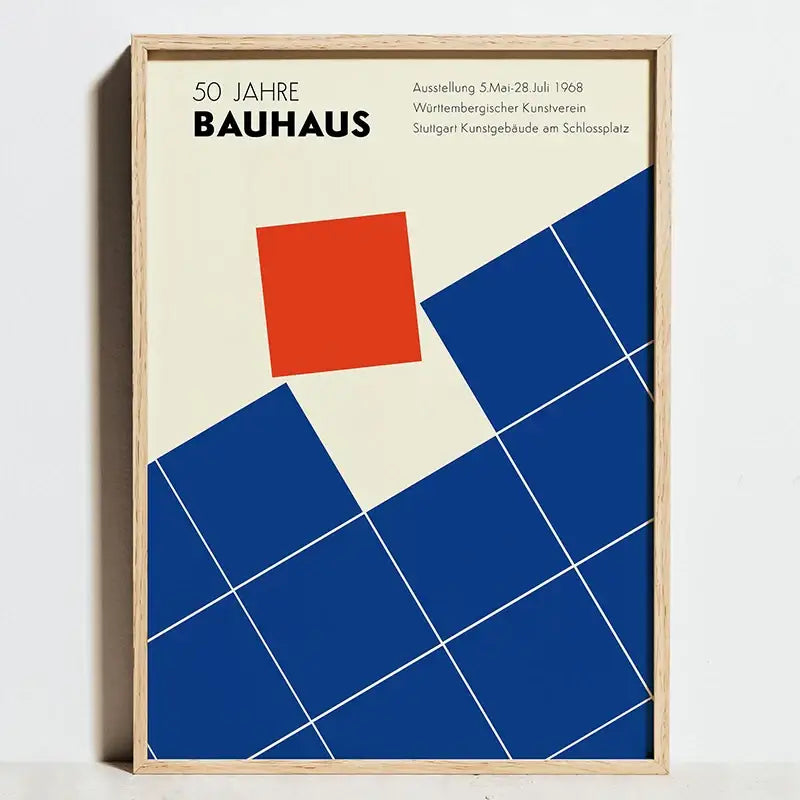 A minimalist framed decorbites™ modern bauhaus exhibition poster featuring bold red and blue geometric shapes on cream background