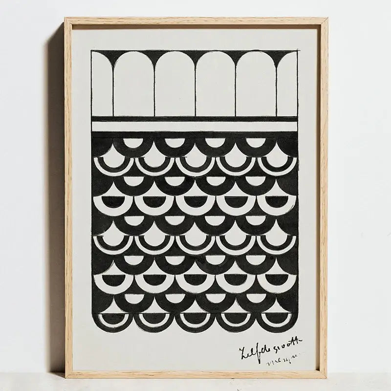 Decorbites modern bauhaus exhibition posters featuring a minimalist black and white abstract canvas art print framed in light wood