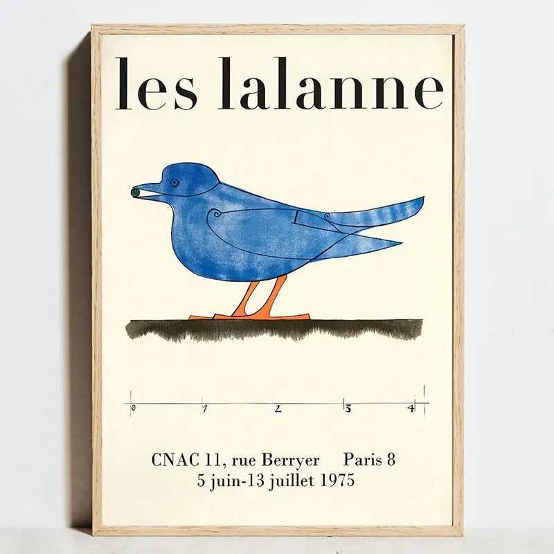 A framed modern bauhaus exhibition poster with a stylized blue bird and orange legs on off-white canvas art