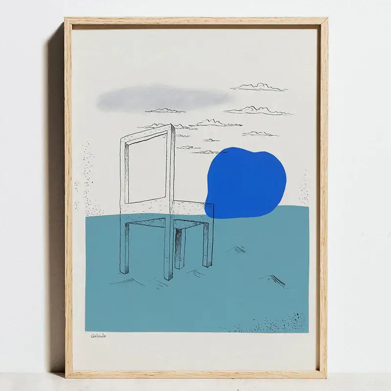 A minimalist framed canvas artwork featuring a stylized chair and bold blue shapes for bauhaus exhibition posters