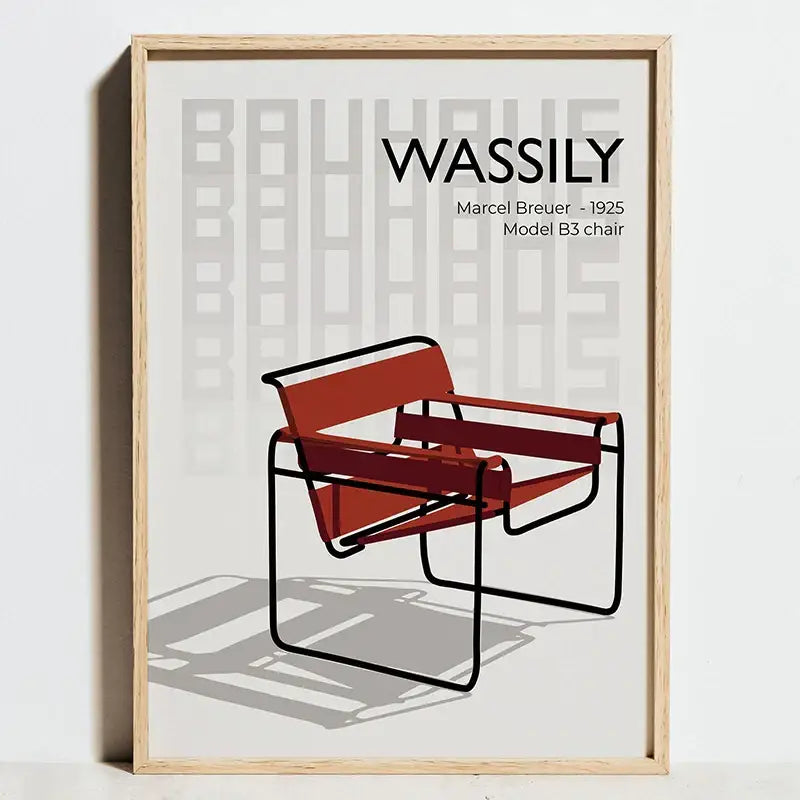 A minimalist bauhaus exhibition poster featuring a red and black wassily chair framed in light wood by DecorBites™