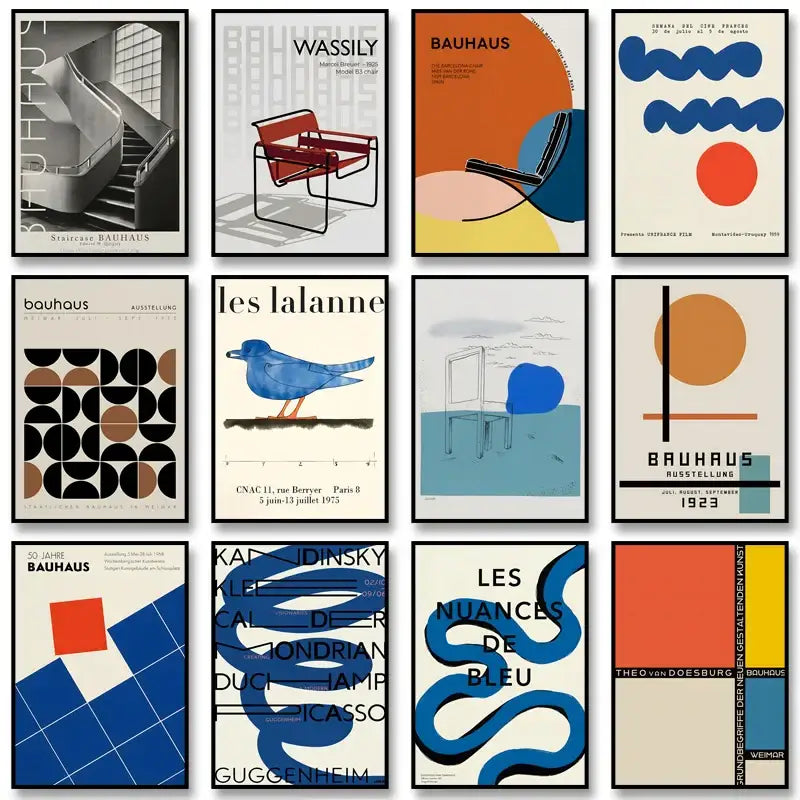 Set of twelve framed DecorBites™ modern bauhaus exhibition posters with bold geometric designs and minimalist typography