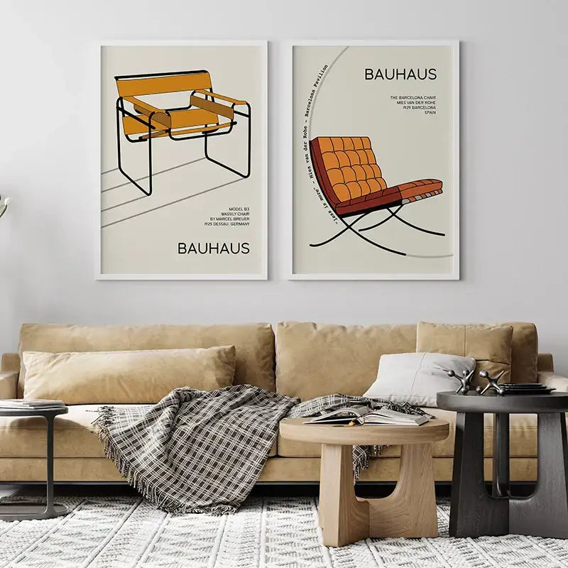 Two framed DecorBites™ modern bauhaus exhibition posters featuring mustard yellow and orange abstract chair art