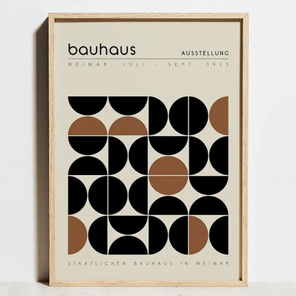 Minimalist framed decorbites™ bauhaus exhibition poster with black and tan geometric circles on off-white abstract wall art
