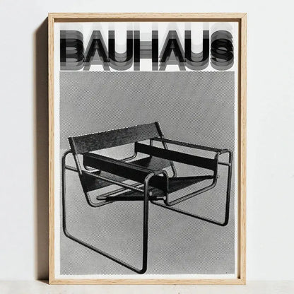 Black and white bauhaus exhibition poster featuring a minimalist light wood chair design for abstract wall art decor