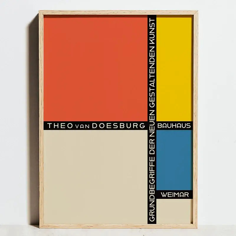 A minimalist framed bauhaus exhibition poster with bold orange, yellow, and blue blocks for modern home decor