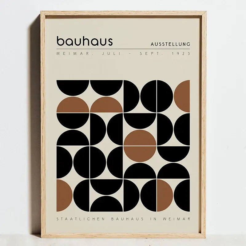 Minimalist framed bauhaus exhibition poster with black and tan geometric circles on off-white background for home decor