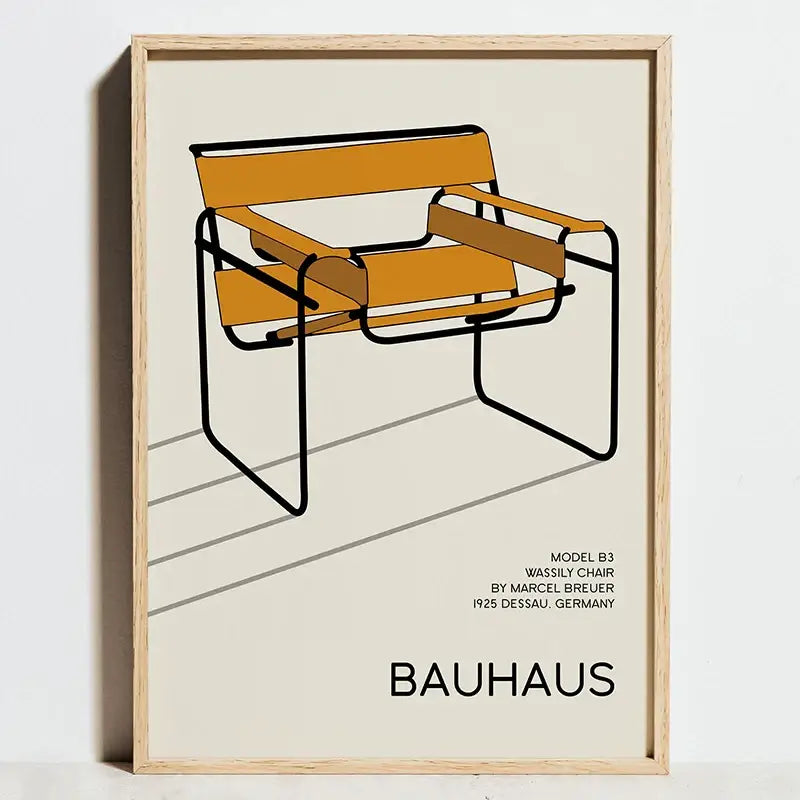 A minimalist modern bauhaus exhibition poster featuring a stylized orange and black wassily chair framed in light wood