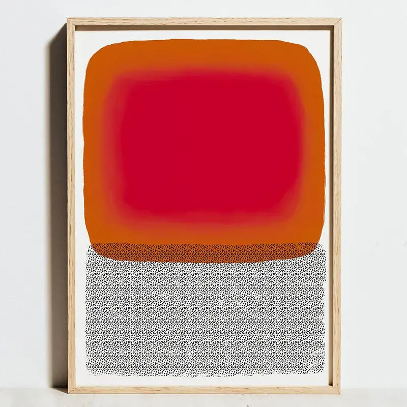 A minimalist abstract bauhaus exhibition poster with gradient orange red rectangles and black white stippled pattern in a light wood frame
