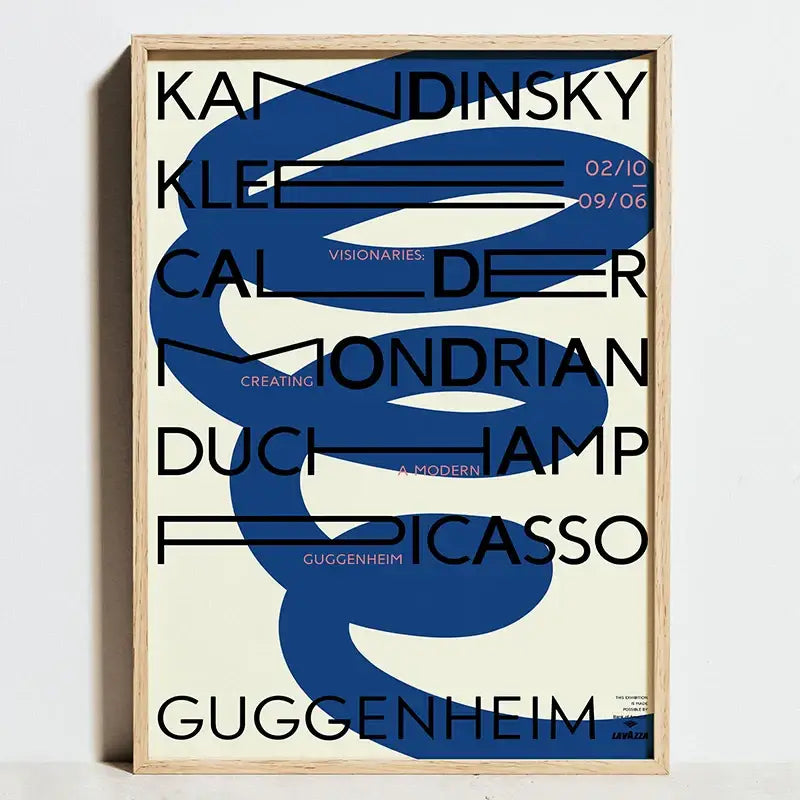 A framed decorbites™ modern bauhaus exhibition poster with bold black typography and blue abstract swirls on cream background