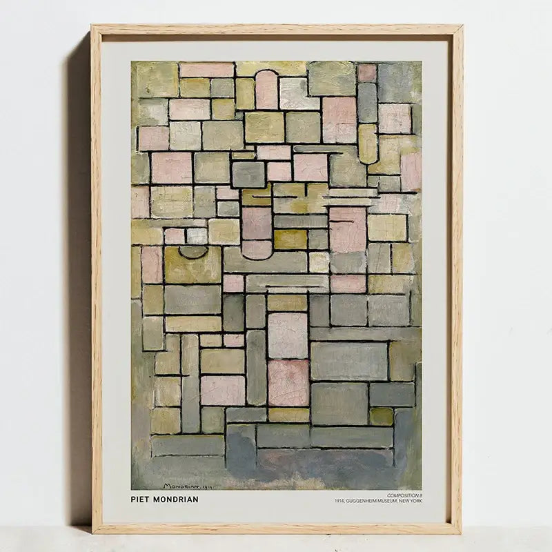 A framed DecorBites™ modern bauhaus exhibition poster featuring muted greens pinks and grays in geometric blocks