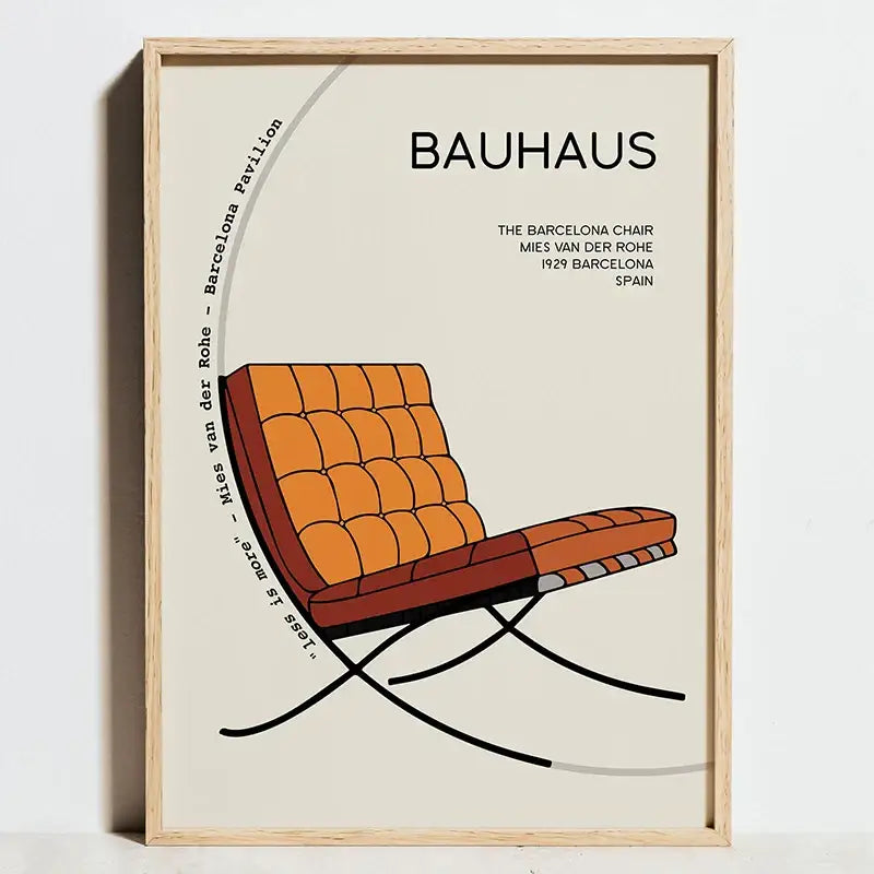 Decorbites™ modern bauhaus exhibition posters featuring orange tufted leather barcelona chair in light wood frame
