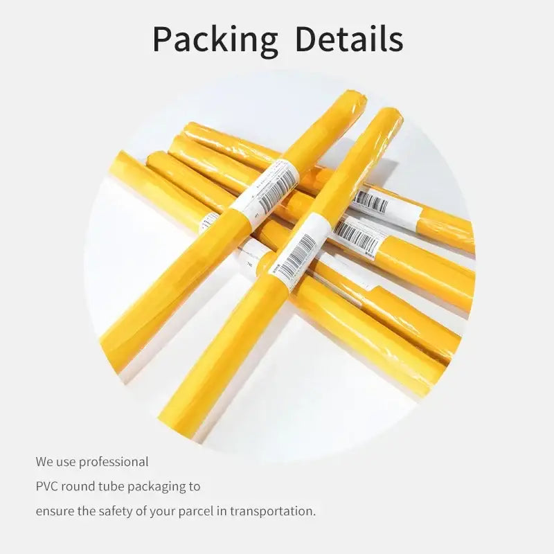 Yellow pvc round tubes wrapped in clear plastic with white barcode labels for decorbites modern bauhaus exhibition posters