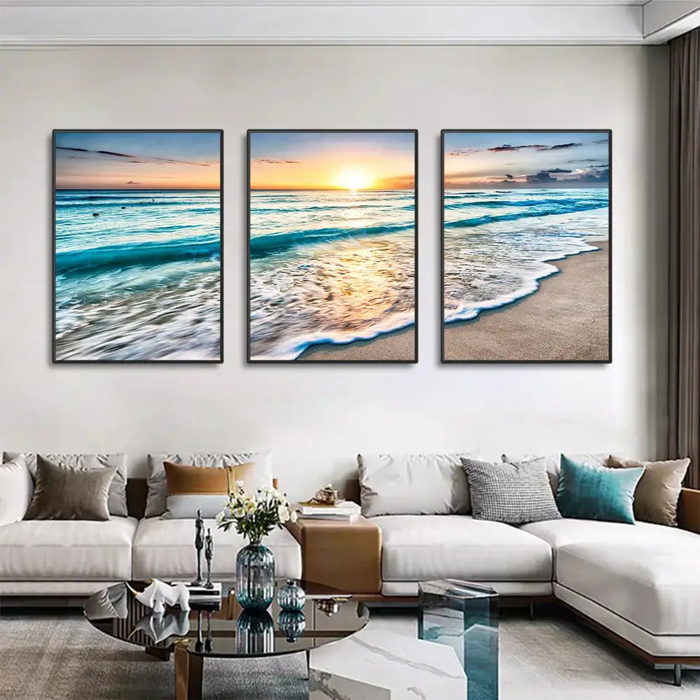 Three-panel DecorBites™ modern beach sunset canvas wall art with vibrant turquoise and golden hues in black frame