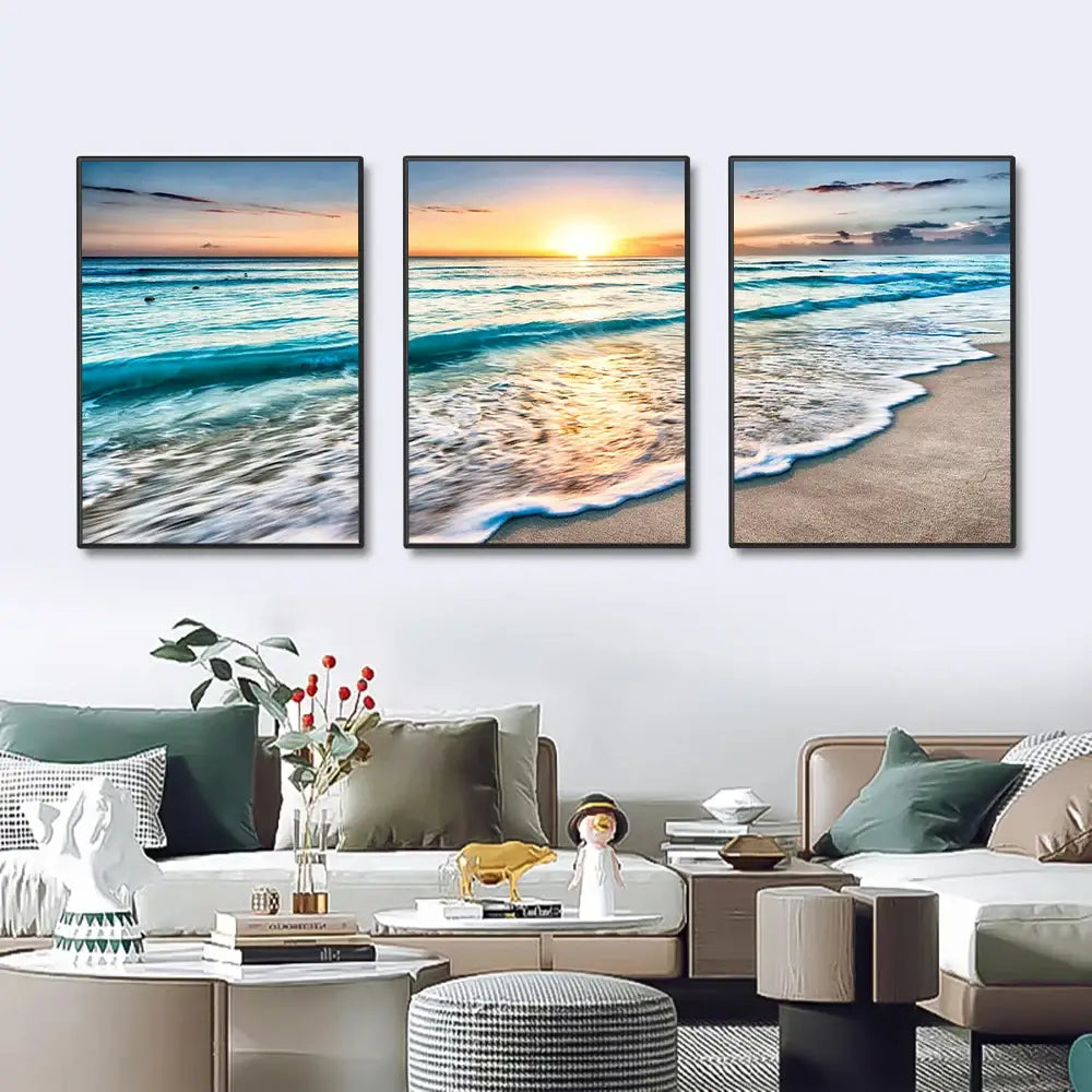Decorbites™ modern three-panel beach sunset canvas wall art set with black frames featuring vibrant sunset canvas design
