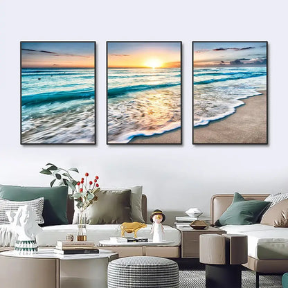Decorbites™ modern three-panel beach sunset canvas wall art set with black frames featuring vibrant sunset canvas design