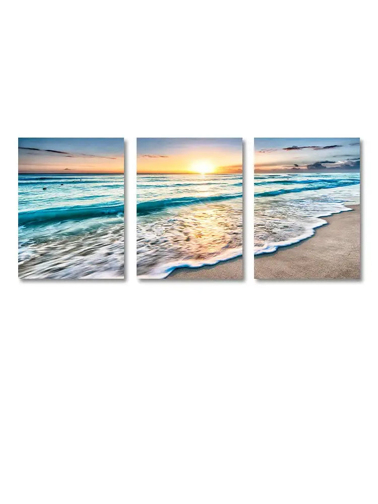 Decorbites modern three-panel beach sunset canvas wall art set with vibrant turquoise waves golden sunset and soft sand