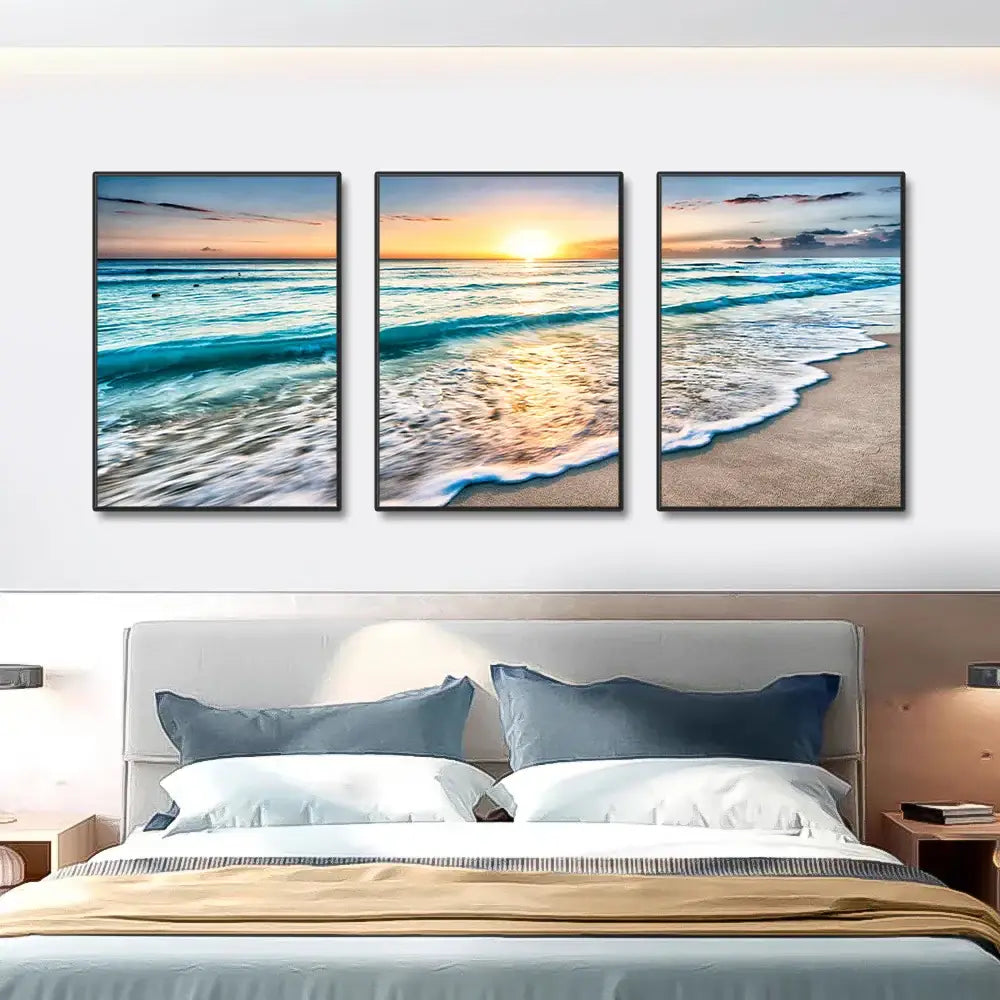 Three-panel DecorBites™ modern beach sunset canvas wall art set with black frames featuring a vibrant beach sunset canvas