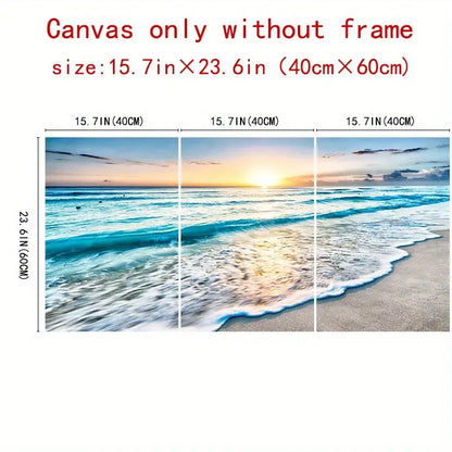 DecorBites™ modern beach sunset canvas wall art set featuring serene turquoise waves and golden sun rays on sandy shore