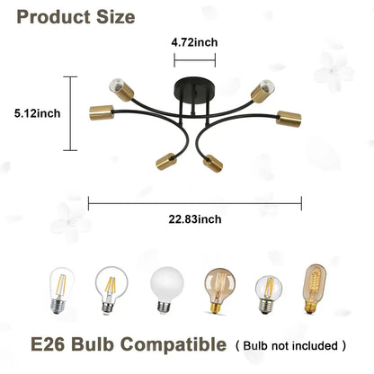 DecorBites™ modern black and gold sputnik chandelier ceiling light with six curved arms and brass lamp holders