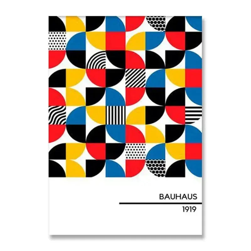 Decorbites™ modern black and white canvas print featuring vibrant bauhaus-inspired red yellow blue geometric patterns for home decor
