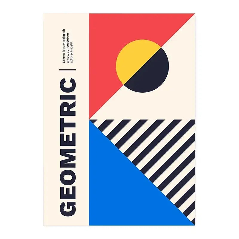 DecorBites™ modern black and white canvas print with bold red, blue, cream, and yellow circle for home decor