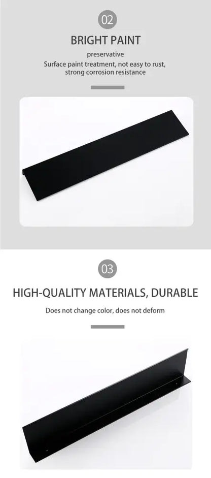 Black rectangular metal shelf bracket with a smooth glossy finish and reinforced corners for DecorBites™ aluminum alloy organizer shelf