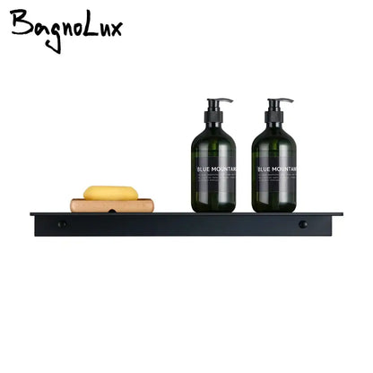 Decorbites™ modern black metal organizer shelf with white aluminum alloy holds dark green pump bottles and wooden soap dish