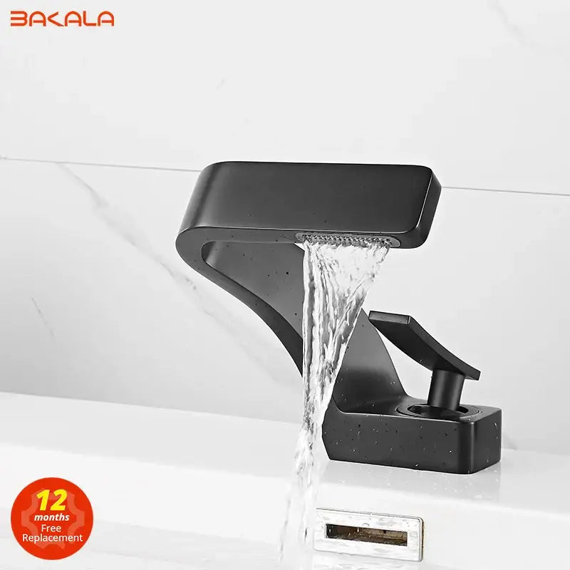 Decorbites™ modern black bathroom sink faucet with black matte finish and waterfall spout for black bathroom designs