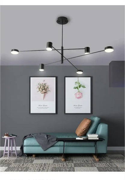 Modern black chandelier by DecorBites with multiple circular light fixtures in simple black nordic style home lighting