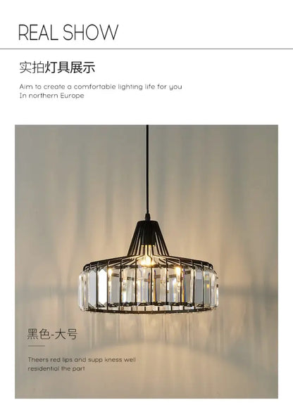 DecorBites™ modern black metal pendant lamp with clear crystal glass accents and nordic LED crystal lighting