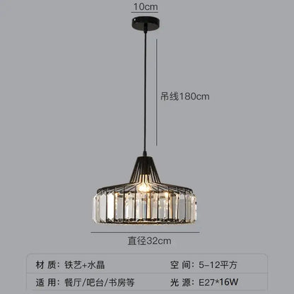Modern black metal pendant lamp with clear crystal glass accents and 180cm chain for nordic led crystal lighting