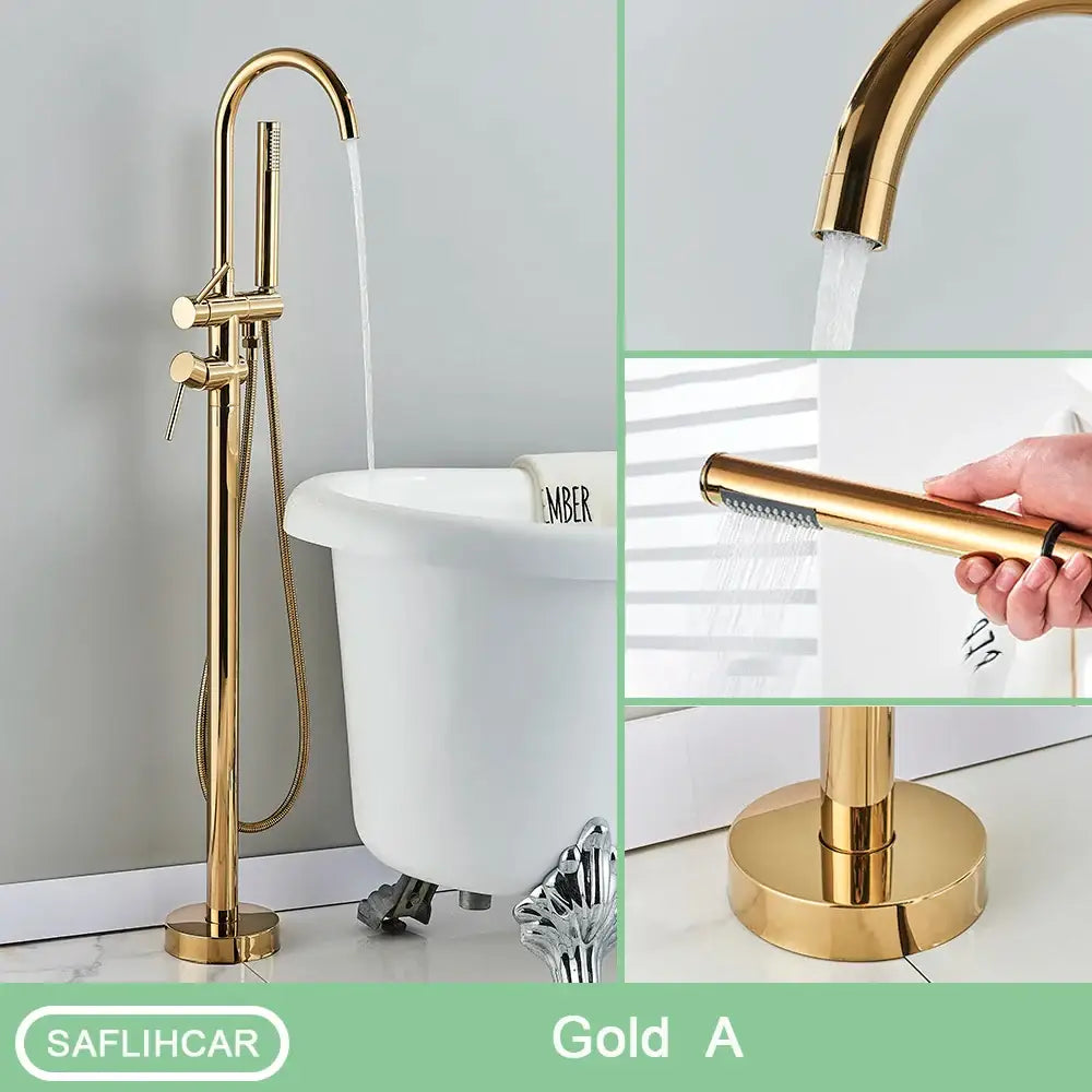 Decorbites™ modern black floor mounted tub faucet with gold finish, tall curved spout, and separate hand shower