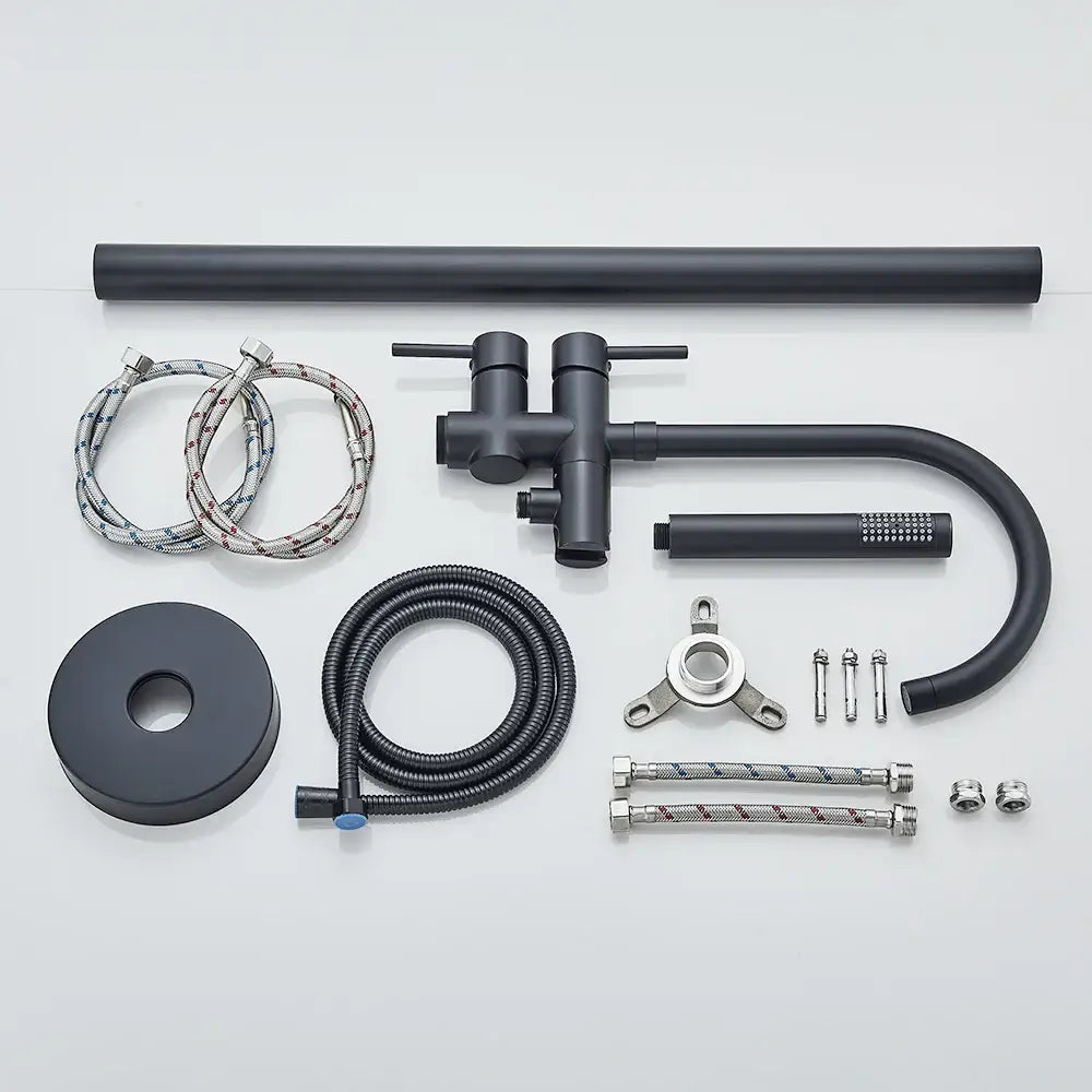 Decorbites™ modern black floor mounted tub faucet kit with matte finish curved spout hand shower and hoses