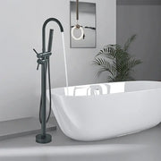 DecorBites™ modern black floor mounted tub faucet with black matte finish, dual handles, and curved spout includes hand shower