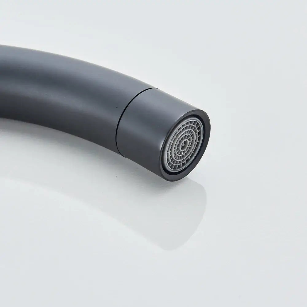 Matte black DecorBites™ modern black floor mounted tub faucet with flexible hand shower and circular spray head design