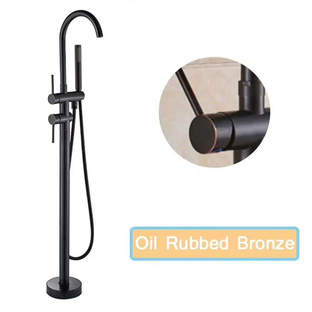 Decorbites modern black floor mounted tub faucet in oil rubbed bronze with a sleek hand shower and modern design