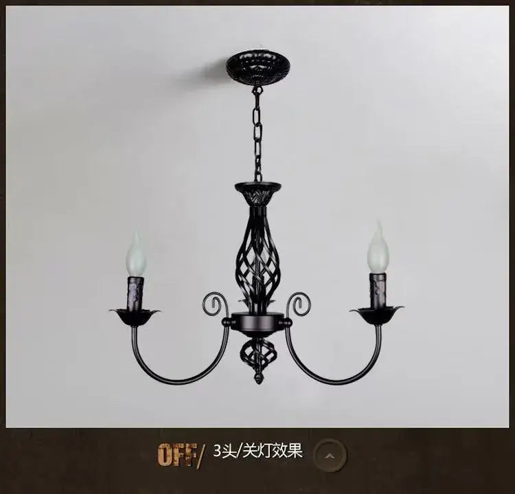 Decorbites modern black iron chandelier with ornate scrollwork and three candle-style bulbs for living room lighting