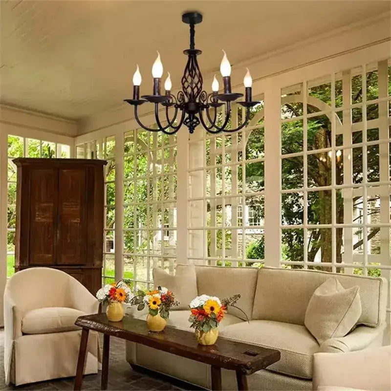 Decorbites™ modern black iron chandelier with five candle-style bulbs for living room lighting and decor