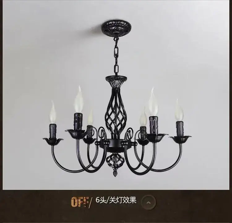 DecorBites modern black iron chandelier with six candle bulbs and ornate twisted design for living room lighting
