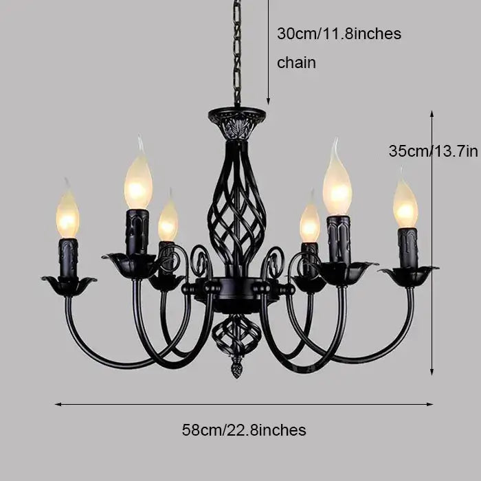 DecorBites™ modern black iron chandelier with six candle-style bulbs for living room featuring ornate twisted design