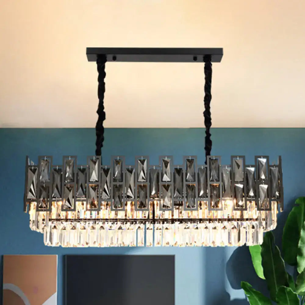 Decorbites modern black island pendant lamp with smoke faceted crystal prism layers and black metal frame hanging chains