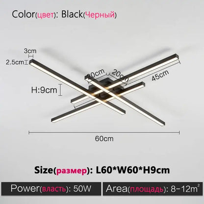 DecorBites™ modern black chandelier square LED fixture with sleek intersecting rectangular bars for living spaces