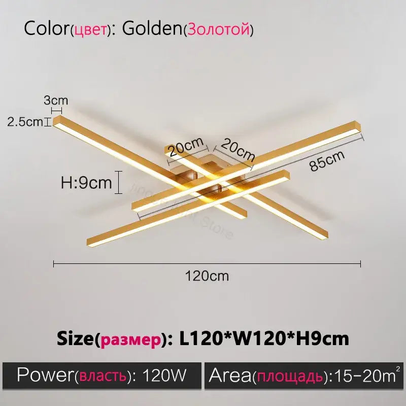 Decorbites modern black chandelier square led ceiling light with golden cross shape and sleek metallic bars for living room