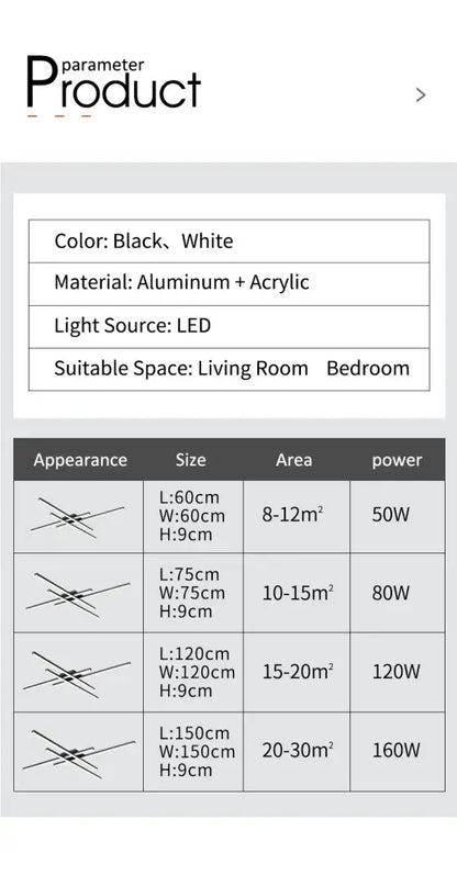 Decorbites modern black chandelier square led light fixture in aluminum and acrylic with adjustable length options for living room