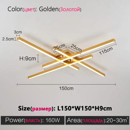 DecorBites™ modern black chandelier square with golden cross-shaped LED light and sleek metallic bars for bedroom and living room