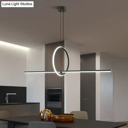 DecorBites modern black metal led pendant lamp with circular ring and horizontal bar in polished chrome finish for dining room