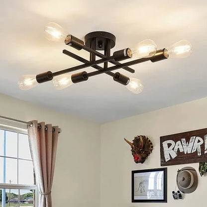 DecorBites™ modern chandelier flush mount with six exposed Edison bulbs and dark bronze metal frame in industrial style