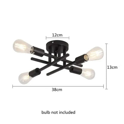 Decorbites™ modern black metal flush mount chandelier with four exposed edison-style bulbs and sputnik design