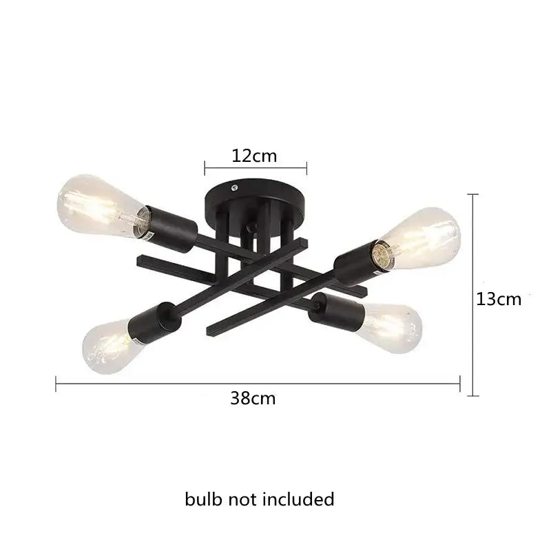 Decorbites™ modern black metal flush mount chandelier with four exposed edison-style bulbs and sputnik design